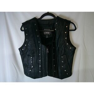 Highway One Womens Black‎ Leather Studded Fringe Motorcycle Biker Vest Medium